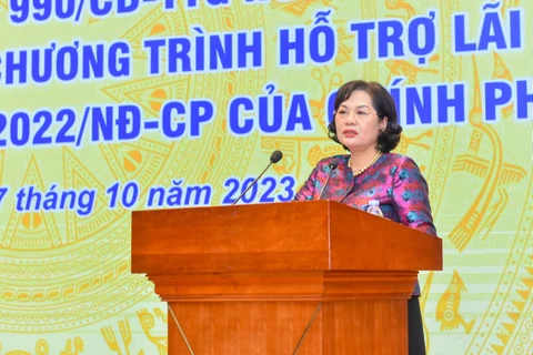 Thống đốc Ngân hàng Nhà nước Việt Nam Nguyễn Thị Hồng phát biểu tại hội nghị (Ảnh: PV/Vietnam+) 