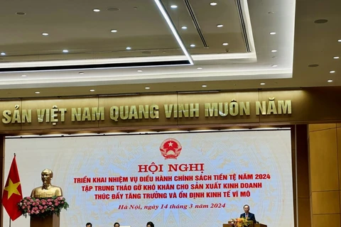 Phó Thống đốc Thường trực Ngân hàng Nhà nước Đào Minh Tú báo cáo tại Hội nghị. (Ảnh: Vietnam+)