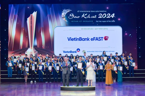 Ông Trần Hoài Nam - Phó Giám đốc Khối khách hàng doanh nghiệp - VietinBank nhận Giải thưởng Sao Khuê cho Sản phẩm Giải ngân & Bảo lãnh online dành cho doanh nghiệp trên nền tảng VietinBank eFAST. (Ảnh: Vietnam+)