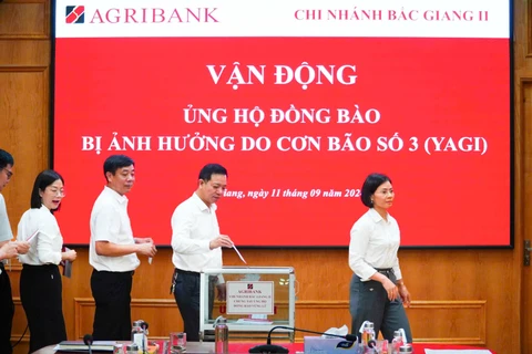 Cán bộ, người lao động Agribank toàn hệ thống quyên góp ủng hộ khắc phục hậu quả cơn bão số 3. (Ảnh: Vietnam+)