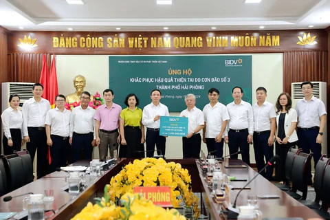 Ông Trần Xuân Hoàng - Ủy viên Hội đồng quản trị BIDV trao kinh phí ủng hộ khắc phục hậu quả thiên tai do cơn bão số 3 tại thành phố Hải Phòng. (Ảnh: Vietnam+)