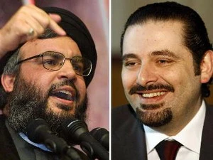 Thủ tướng Lebanon Saad Hariri (phải) và thủ lĩnh phái Hezbollah, Hassan Nasrallah. (Ảnh: AFP/TTXVN)