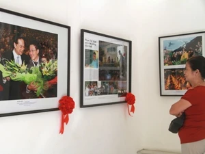 Công chúng xem tác phẩm đoạt giải nhất "Tự hào Việt Nam" (Ảnh: Mai Anh/Vietnam+)