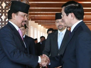 Quốc vương Brunei đón Chủ tịch nước Trương Tấn Sang. (Ảnh: Nguyễn Khang/TTXVN)