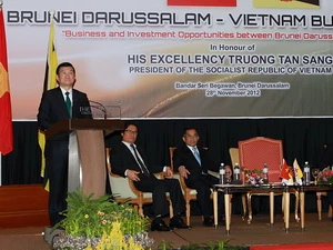 Chủ tịch nước Trương Tấn Sang tới dự và phát biểu tại Diễn đàn Doanh nghiệp Việt Nam-Brunei. (Ảnh: Nguyễn Khang/TTXVN)