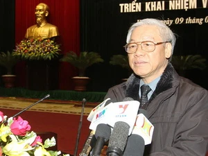 Tổng Bí thư Nguyễn Phú Trọng phát biểu tại hội nghị. (Ảnh: Trí Dũng/ TTXVN)