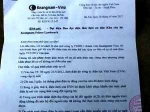 Văn bản trả lời hời hợt và vô trách nhiệm của Keangnam Vina (Ảnh: Sơn Bách/Vietnam+)