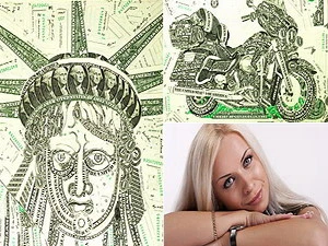Irina Truhanova và tác phẩm nghệ thuật làm bằng đồng tiền USD của mình. (Nguồn: TT&VH)
