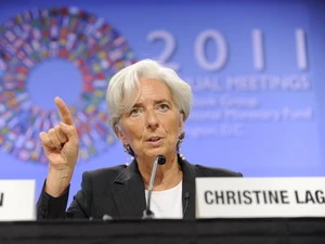 Tổng Giám đốc IMF Christine Lagarde trong cuộc họp với WB tại Washington. (Ảnh: THX/TTXVN)