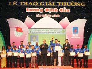 Trao giải Lương Định Của cho thanh niên tiêu biểu năm 2008. (Ảnh: Internet).