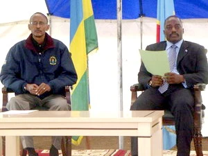 Lãnh đạo hai nước Congo và Rwanda tại cuộc hội đàm. (Ảnh:Reuters) 