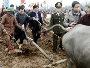 Chủ tịch nước Trương Tấn Sang mở đường cày đầu Xuân. (Ảnh: Thanh Tùng/TTXVN)