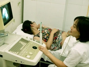 Nhân viên y tế kiểm tra sức khỏe sinh sản cho các bạn trẻ. (Ảnh: Dương Ngọc/TTXVN)