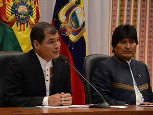 Tổng thống Correa và Morales tại cuộc họp báo chung (Nguồn: ABI)