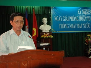Chủ tịch Việt kiều đô thành Phnom Penh Huỳnh Minh Phú tại Lễ kỷ niệm Chiến thắng 30/4. (Ảnh: Xuân Khu/Vietnam+)
