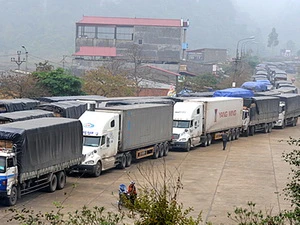 Số lượng xe ôtô chở hàng nông sản lên cửa khẩu Tân Thanh những ngày qua vẫn không giảm. (Ảnh: Song Toàn/TTXVN)