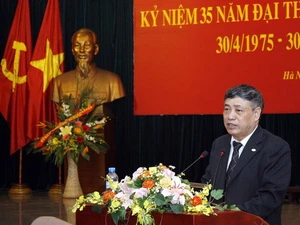 Tổng Giám đốc Thông tấn xã Việt Nam Trần Mai Hưởng phát biểu tại lễ kỷ niệm. (Ảnh: Thanh Tùng/TTXVN)