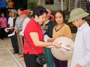 Phó Tổng biên tập báo VietnamPlus, Đoàn Ngọc Thu (áo đỏ) trao quà cho người dân. (Ảnh: Thành Long/Vietnam+) 