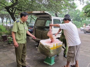 Gần 600 kg nầm lợn thối bị quản lý thị trường Hà Nội thu giữ tại chân cầu Thanh Trì. (Ảnh: Đức Duy/Vietnam+)