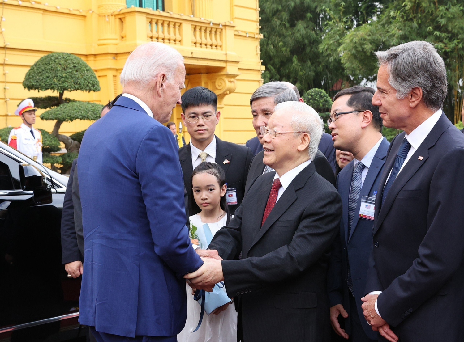 Tổng Bí thư Nguyễn Phú Trọng đón Tổng thống Hoa Kỳ Joe Biden thăm cấp Nhà nước tới Việt Nam, ngày 10/9/2023. (Ảnh: TTXVN)