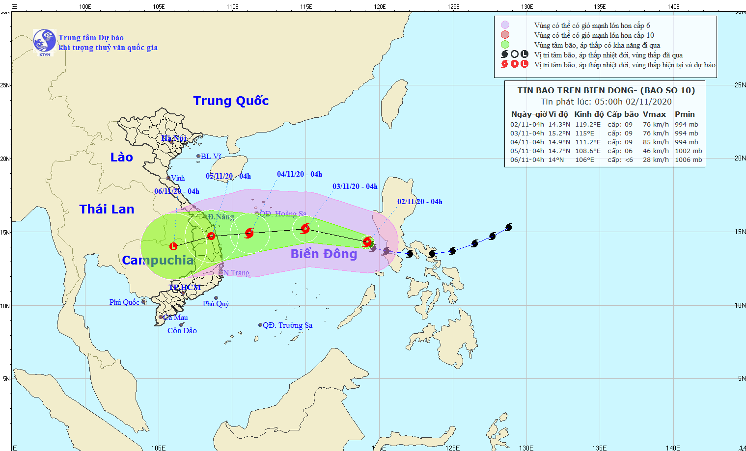 Vị trí và đường đi của bão số 10. (Nguồn: nchmf.gov.vn)