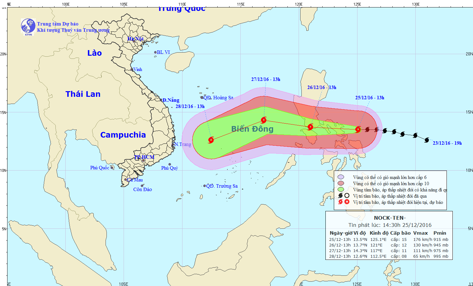 Vị trí và đường đi của bão. (Nguồn: Trung tâm Dự báo Khí tượng Thủy văn Trung ương)