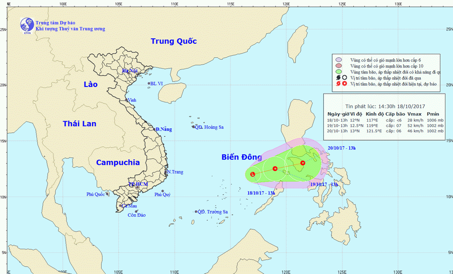 Vị trí và đường đi của vùng áp thấp. (Nguồn: Trung tâm Dự báo Khí tượng Thủy văn Trung ương)