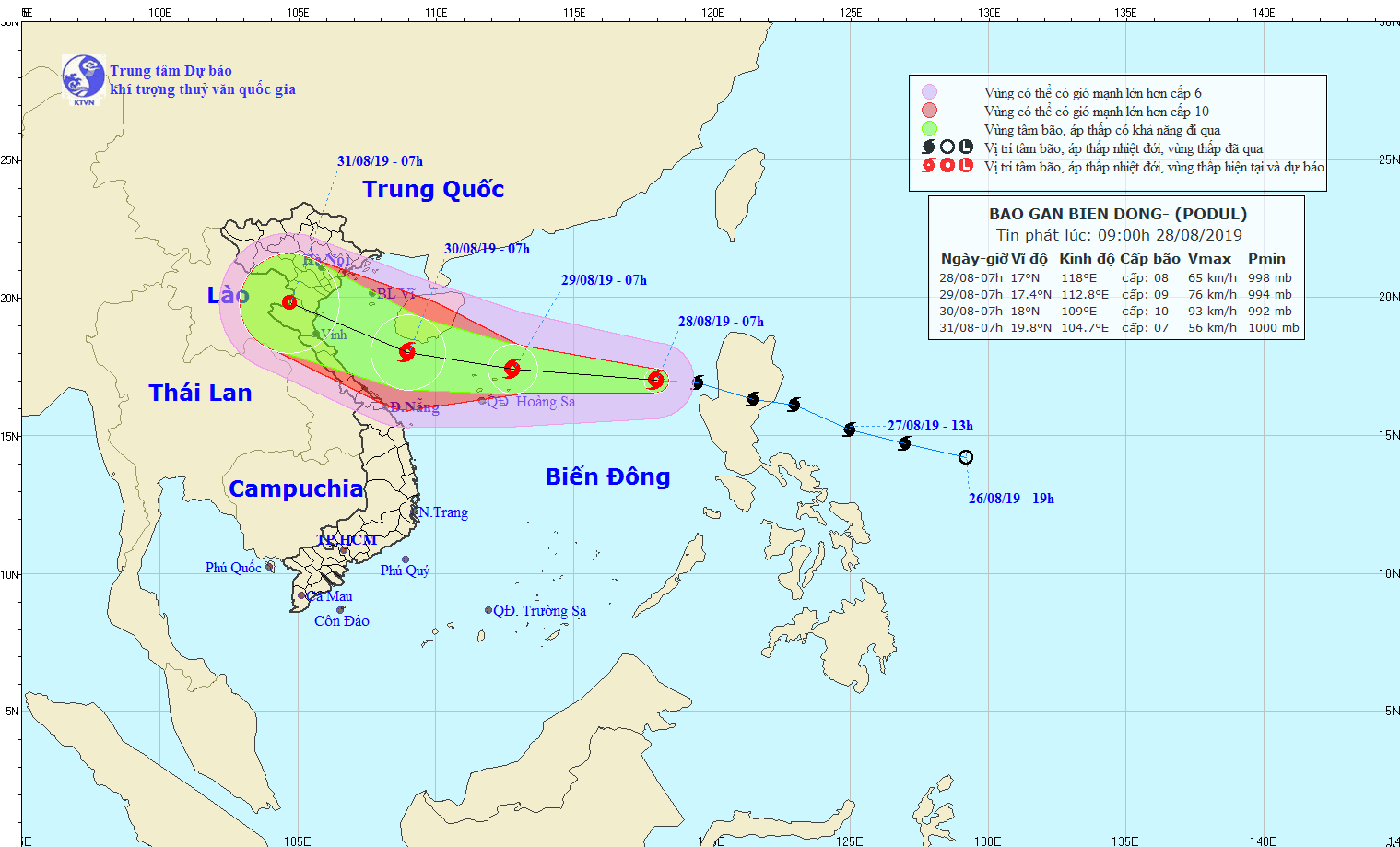 Vị trí và đường đi của bão. (Nguồn: Trung tâm Dự báo Khí tượng Thủy văn Quốc gia)