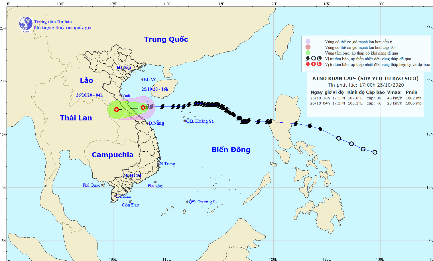 Vị trí và đường đi của áp thấp nhiệt đới. (Nguồn: Trung tâm Dự báo Khí tượng Thủy văn Quốc gia)