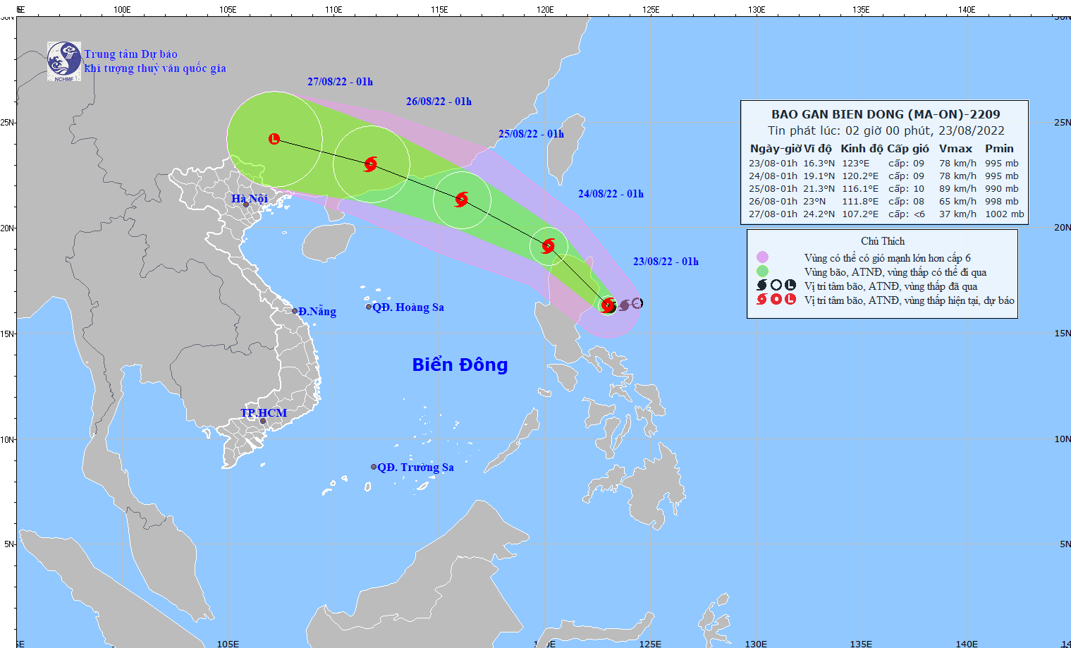 Vị trí và đường đi của bão Maon. (Nguồn: Trung tâm Dự báo Khí tượng Thủy văn Quốc gia)