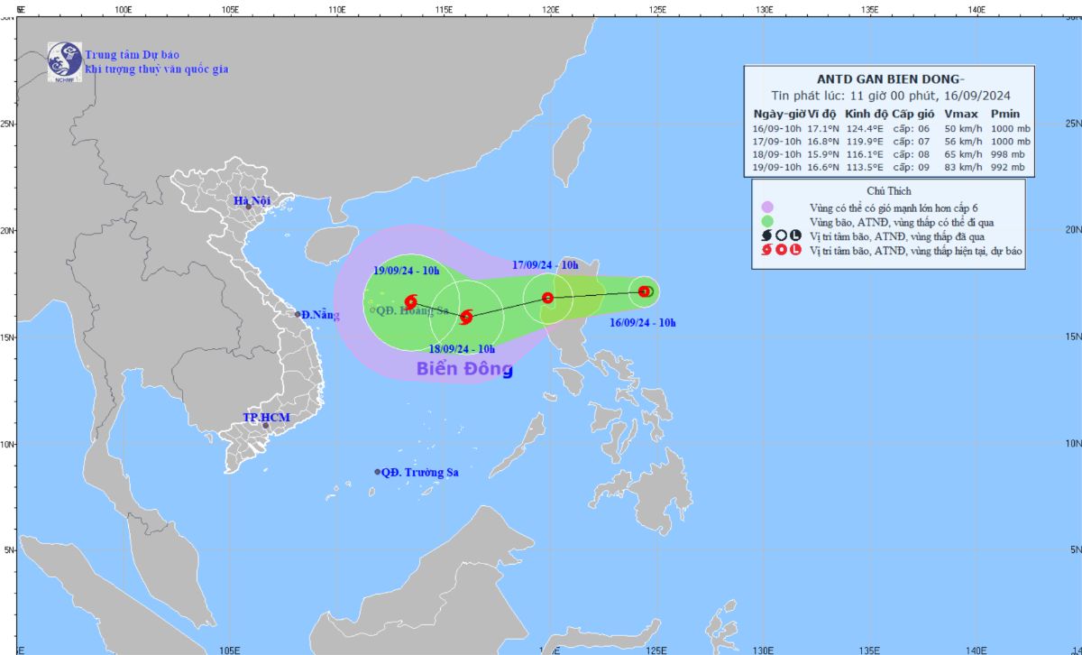 Vị trí và đường đi của áp thấp nhiệt đới. (Nguồn: Trung tâm Dự báo Khí tượng Thủy văn Quốc gia)
