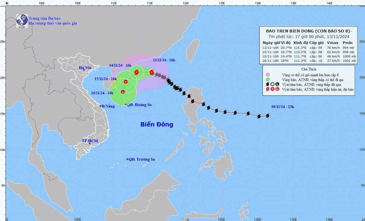 Hướng đi của cơn bão. (Ảnh: Trung tâm Dự báo Khí tượng Thủy văn Quốc gia)