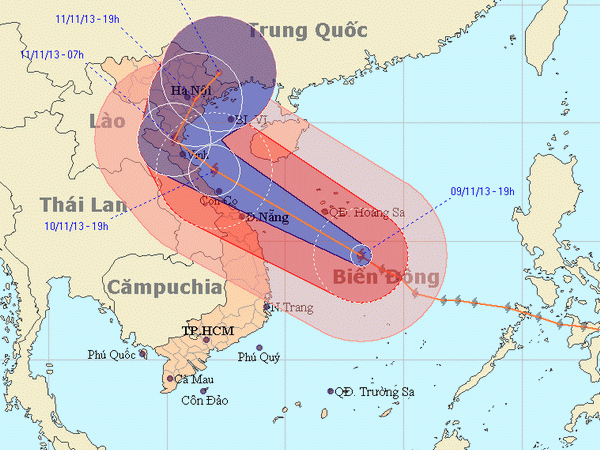 Siêu bão Haiyan đã ở giữa biển Đông, mạnh cấp 15
