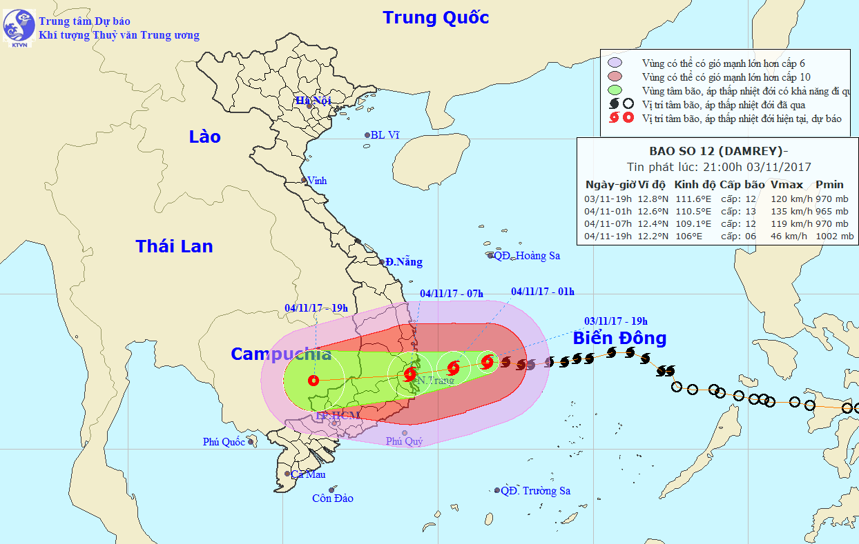 Đường đi và vị trí cơn bão số 12. (Nguồn: nchmf.gov.vn)