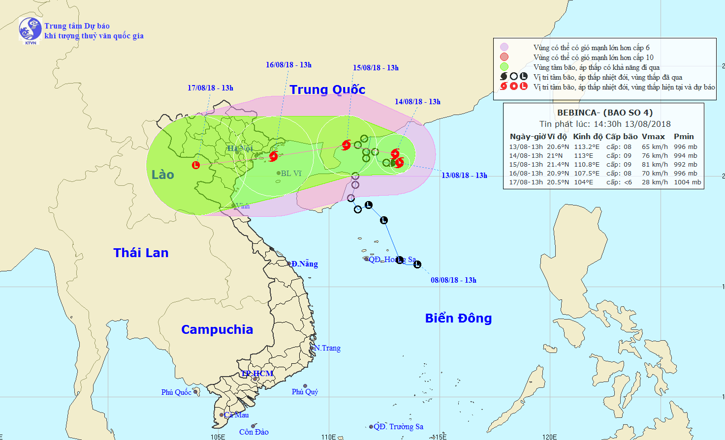 Vị trí và dự báo đường đi của bão số 4. (Nguồn: nchmf.gov.vn)
