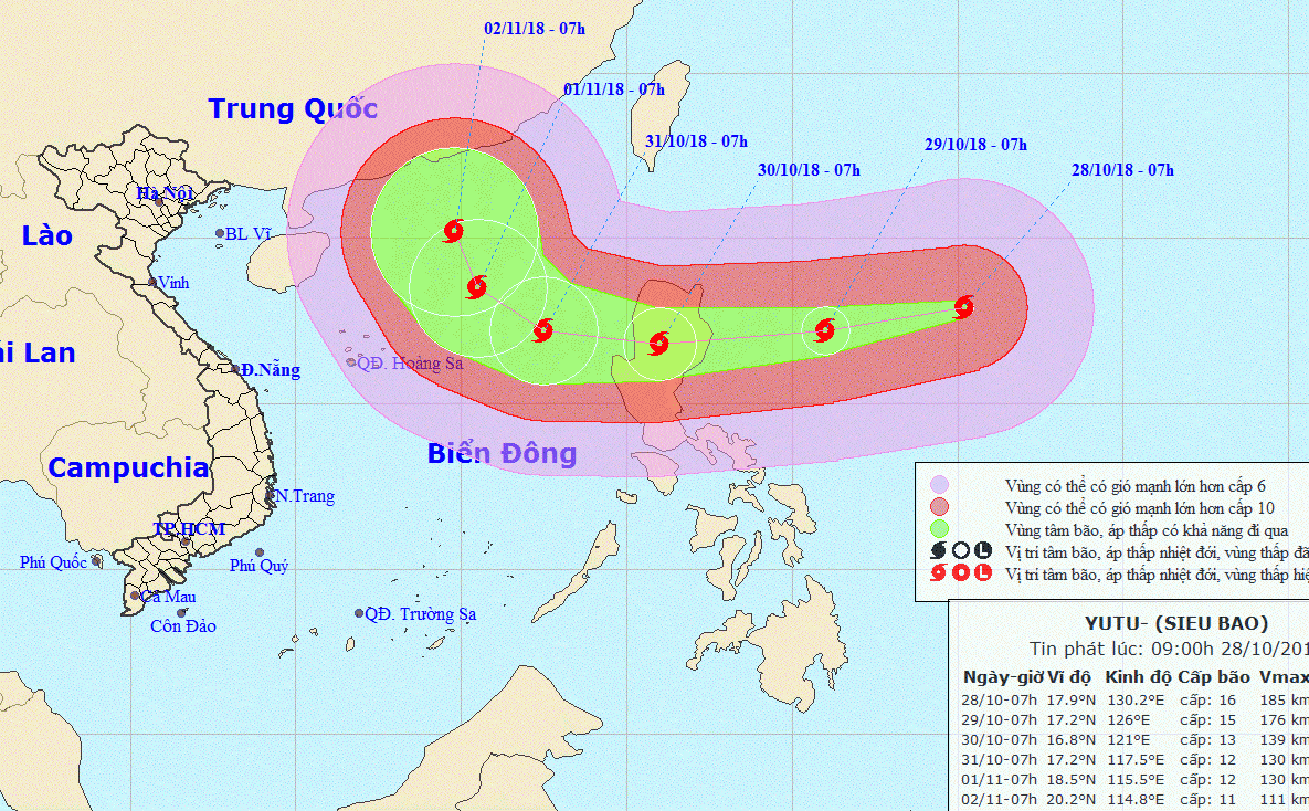 Dự báo đường đi và vị trí cơn bão Yutu. (Nguồn: nchmf.gov.vn)