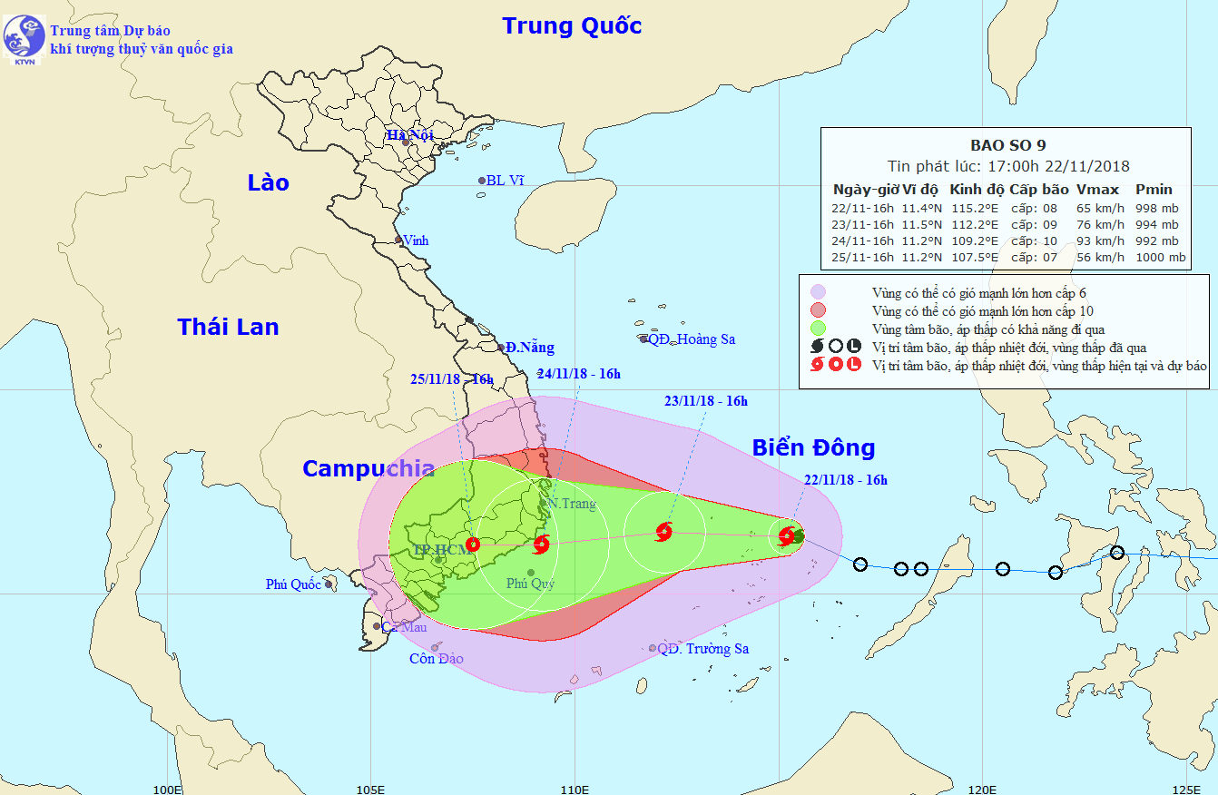 Dự báo đường đi và vị trí cơn bão. (Nguồn: nchmf.gov.vn)