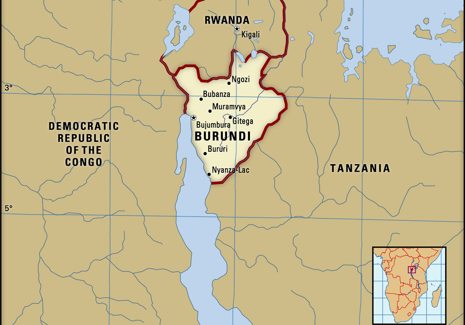 Bản đồ Burundi. (Nguồn: Encyclopedia Britannica)