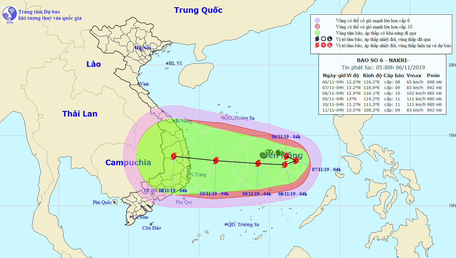Đường đi và vị trí cơn bão số 6. (Nguồn: nchmf.gov.vn)