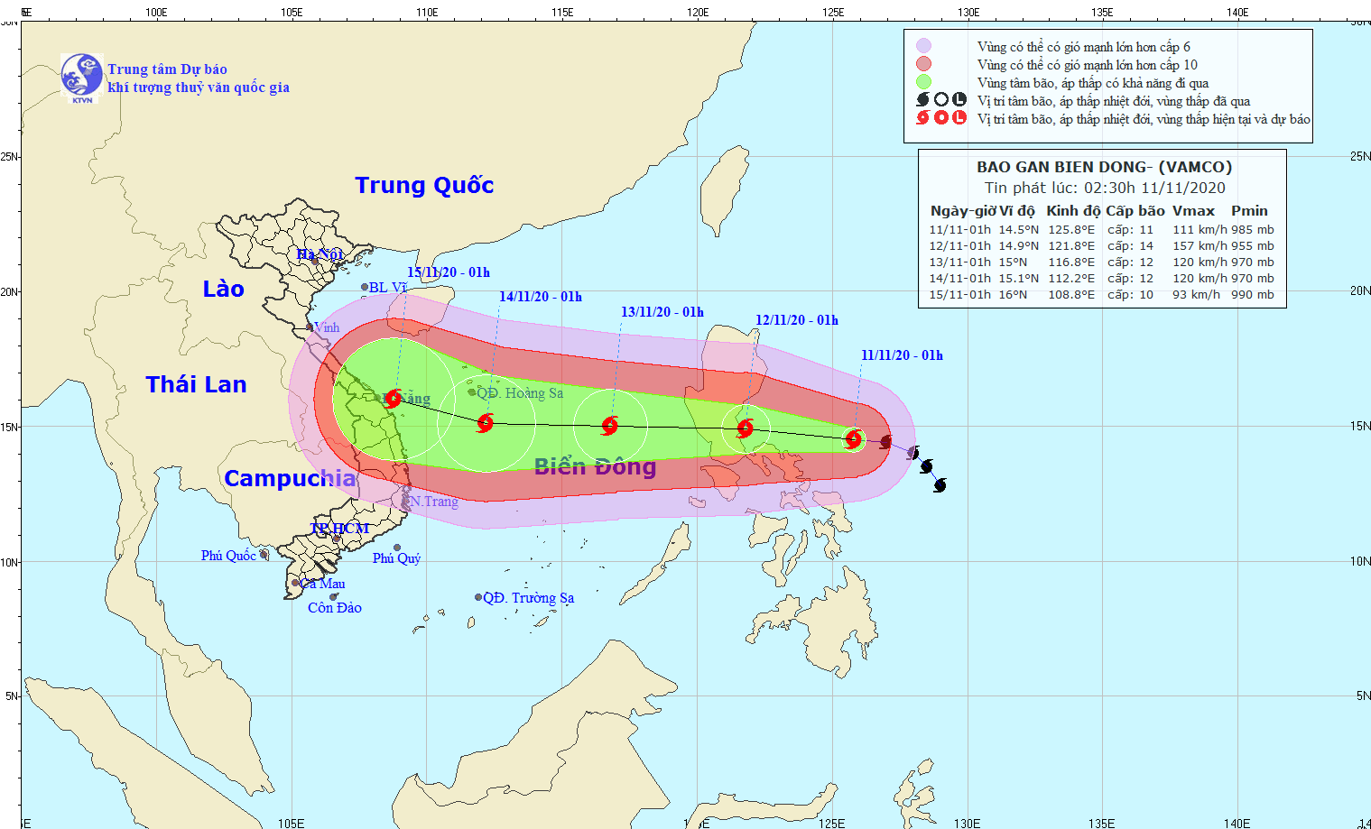 Đường đi của bão Vamco. (Nguồn: nchmf.gov.vn)