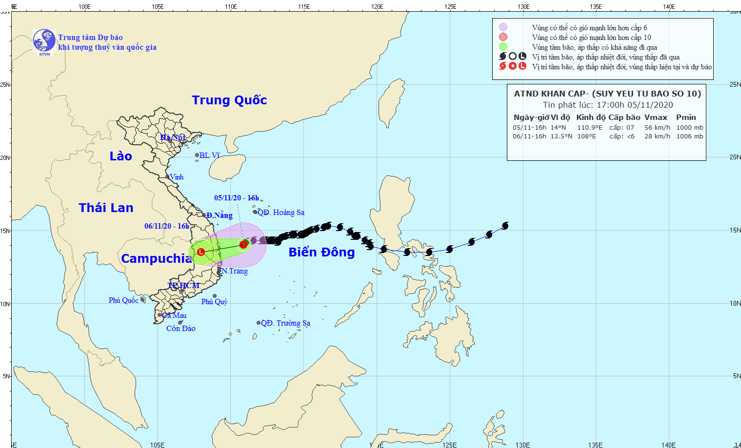 Chiều 5/11, bão số 10 đã suy yếu thành áp thấp nhiệt đới