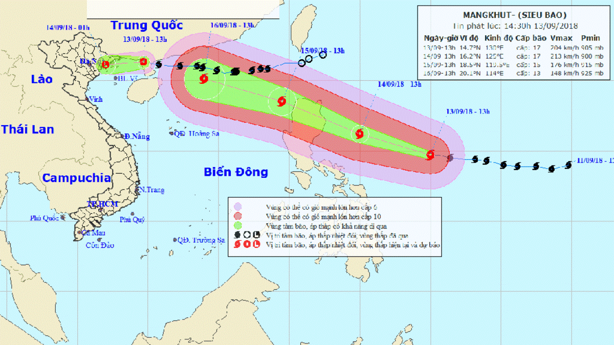 Dự báo, đếm 16/9, siêu bão Mangkhut sẽ đi vào vịnh Bắc bộ. (Ảnh: Trung tâm dự báo khí tượng thủy văn quốc gia)