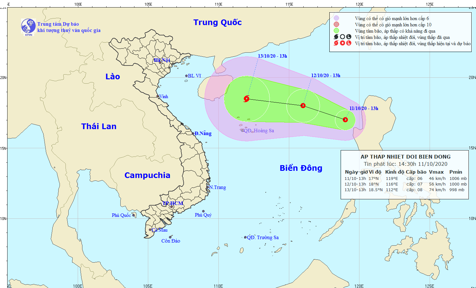Vị trí và đường đi của áp thấp nhiệt đới mới. (Nguồn: nchmf.gov.vn)