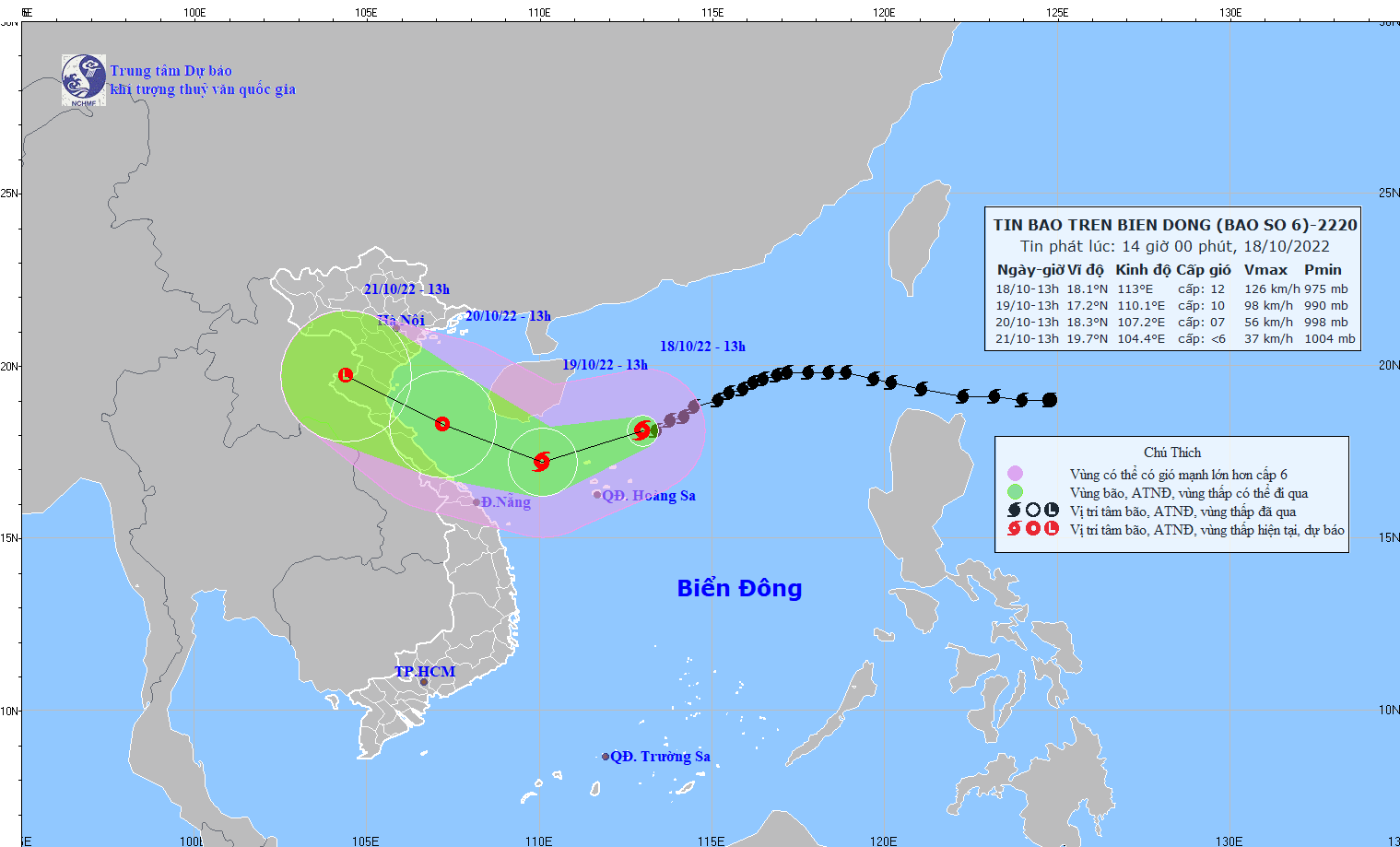 Vị trí và đường đi dự kiến của bão số 6. (Nguồn: nchmf.gov.vn)