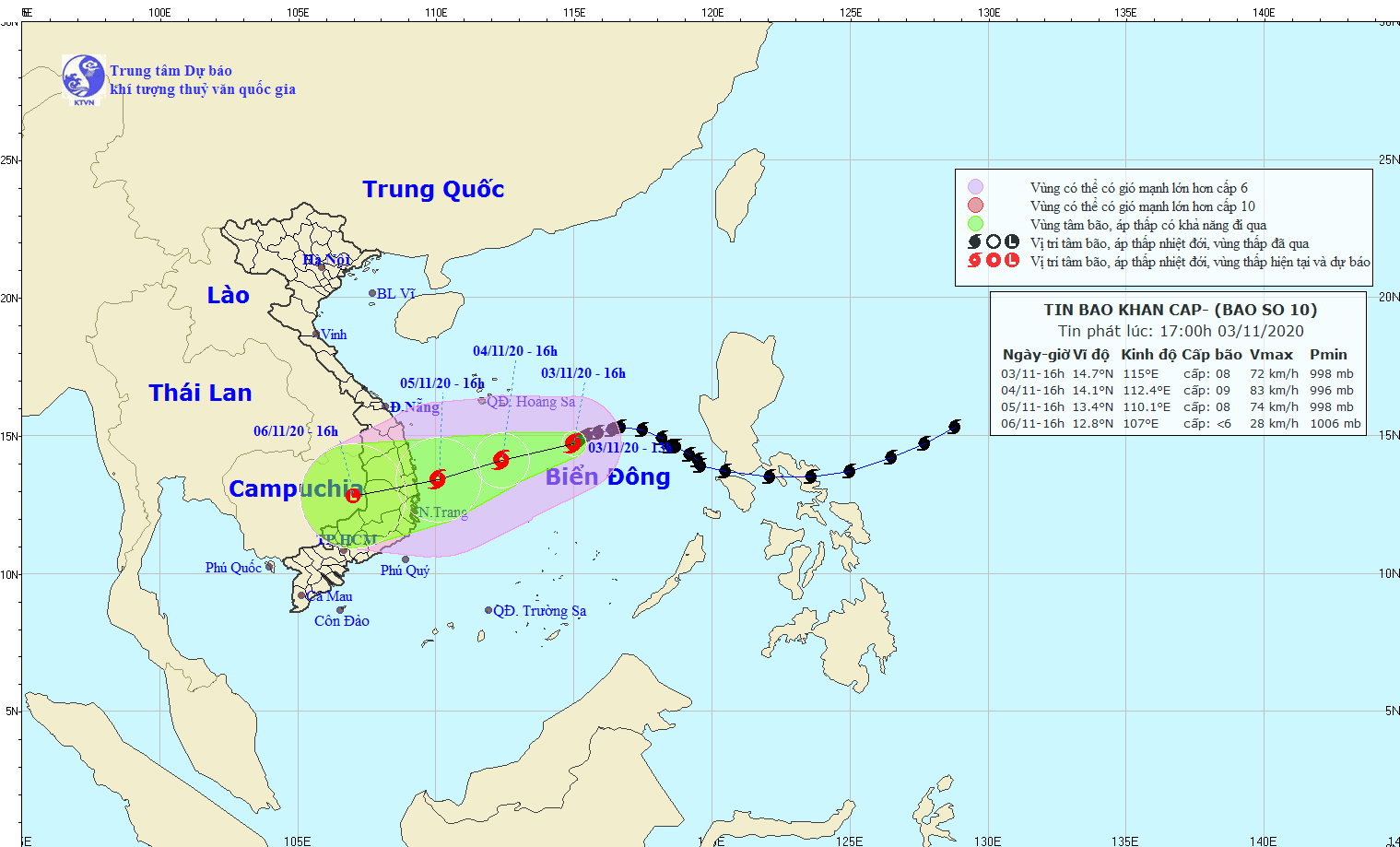 Bản đồ đường đi của bão số 10. (Nguồn: nchmf.gov.vn)