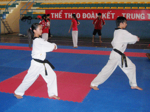 Các vận động viên Taekwondo Bình Thuận tập luyện tại Trung tâm Thể dục thể thao tỉnh. (Ảnh: Báo Bình Thuận)