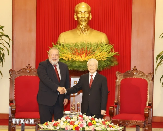 Tổng Bí thư Nguyễn Phú Trọng tiếp Thủ tướng Cuba Manuel Marrero Cruz đang thăm hữu nghị chính thức Việt Nam. (Ảnh: Trí Dũng/TTXVN)