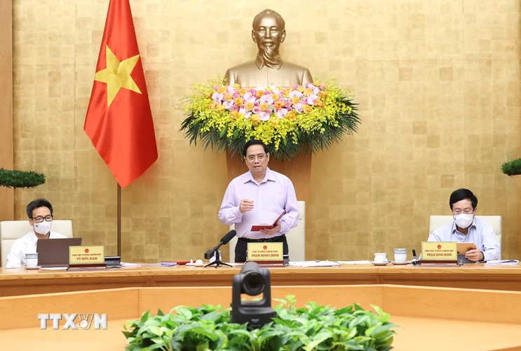 Thủ tướng Chính phủ Phạm Minh Chính phát biểu tại buổi họp trực tuyến Chính phủ với các địa phương. (Ảnh: Dương Giang/TTXVN)