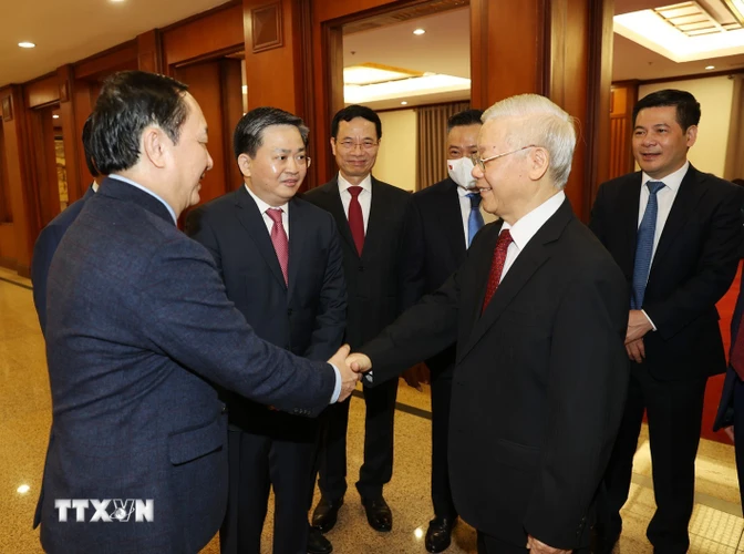 Tổng Bí thư Nguyễn Phú Trọng cùng các lãnh đạo Đảng, Nhà nước và các đại biểu dự Hội nghị. (Ảnh: Trí Dũng/TTXVN)