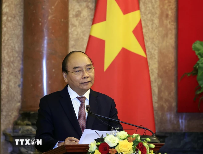 Chủ tịch nước Nguyễn Xuân Phúc, Trưởng Ban Cải cách Tư pháp Trung ương phát biểu tại buổi lễ. (Ảnh: Thống Nhất/TTXVN)